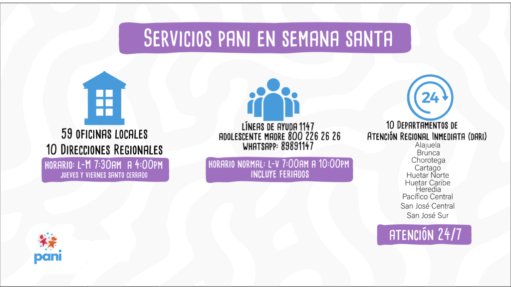 SERVICIOS DE CONSULTA, DENUNCIA Y ATENCION DEL PANI ESTARÁN ABIERTOS EN SEMANA SANTA 1 servicios semana santa Mesa de trabajo 1 Mesa de trabajo 1